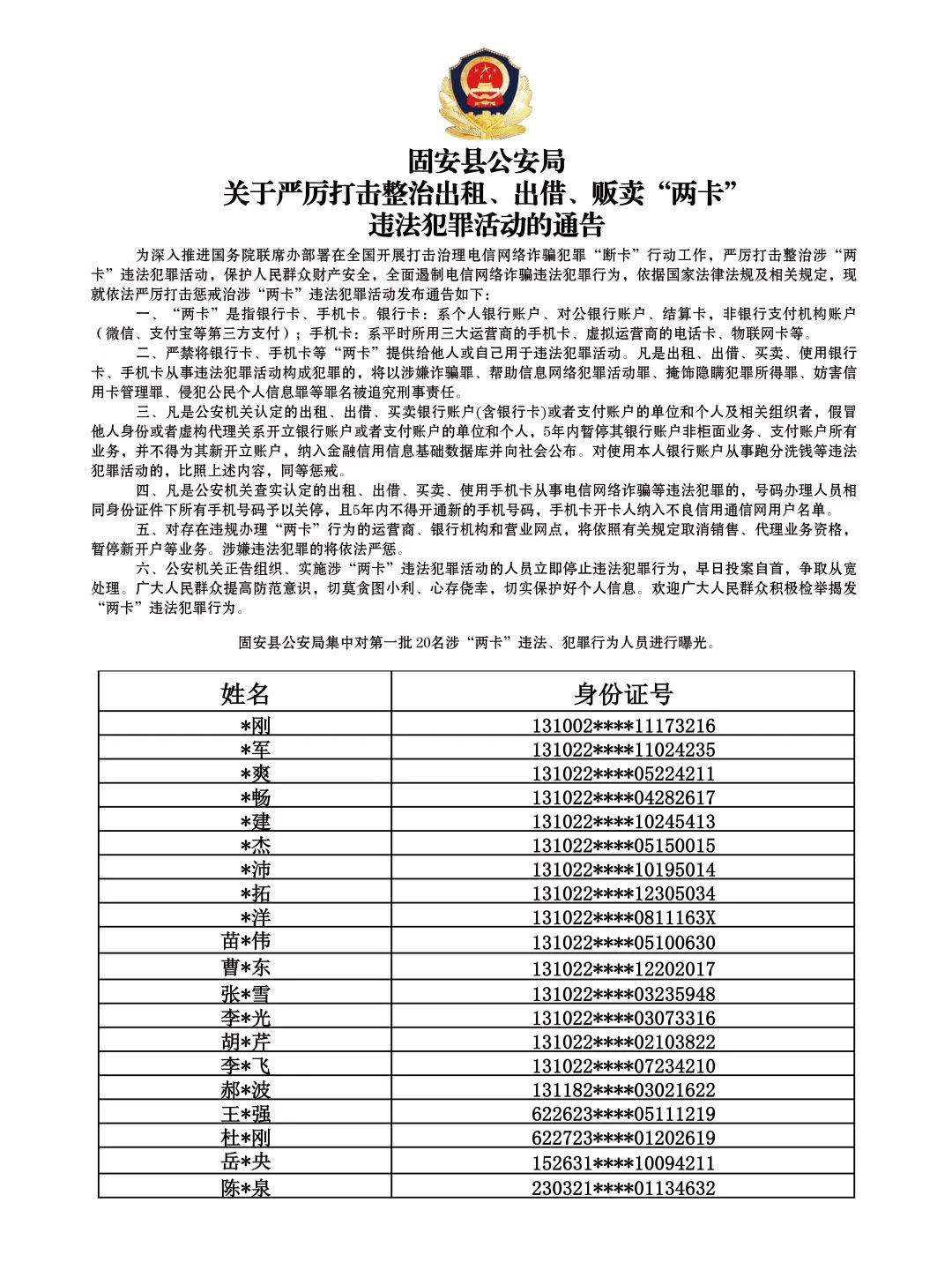 固安县公安局关于严厉打击整治出租、贩卖“两卡”违法犯罪活动的通告3813 作者:万里去挣钱 帖子ID:84685 县公安局,公安局,关于,严厉打击,打击