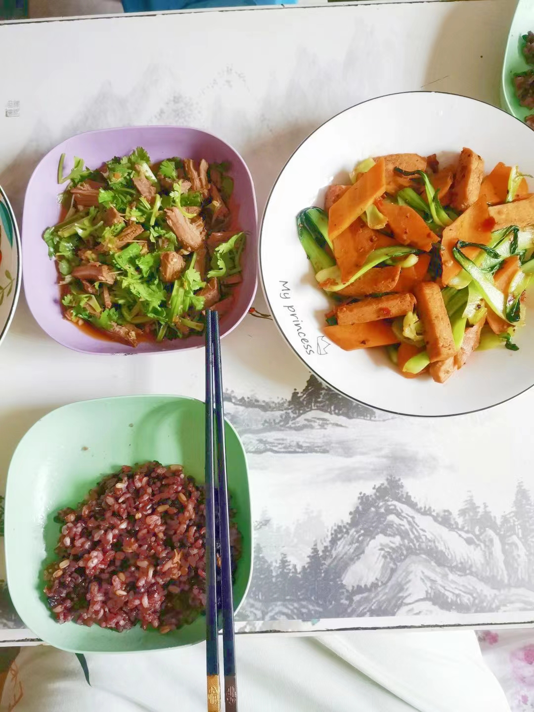 打卡午餐，糙米饭，凉拌牛肉，午餐肉炒油菜胡萝卜5702 作者:未谁执手天下 帖子ID:86844 打卡,午餐,凉拌牛肉,午餐肉,炒油菜